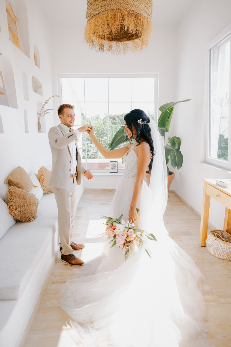 Couple after their first look before their wedding ceremony on the beach in the Canary Islands