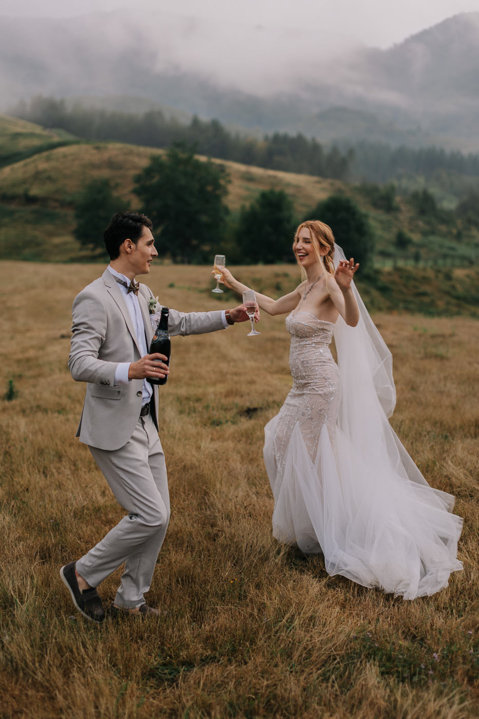 Couple dancing in a field after their wedding ceremony in the Canary Islands
