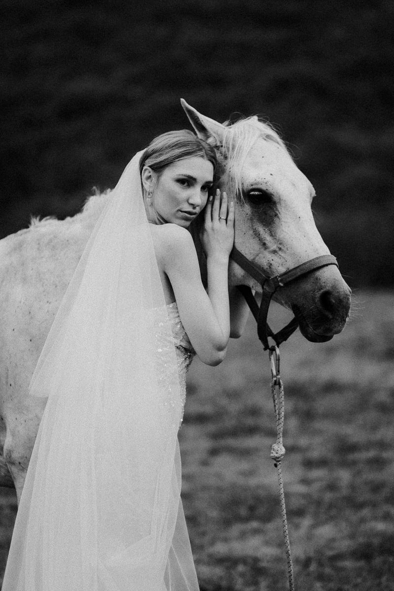 Bride posing with a horse, looking at the camera