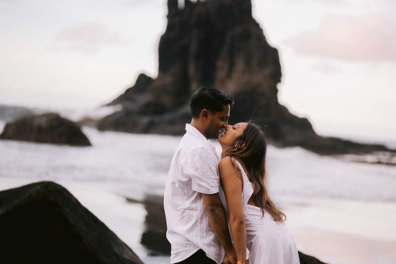 couple kissing after their engagement in Benijo Beach